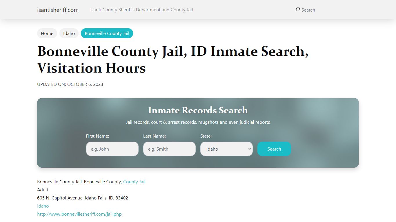 Bonneville County Jail, ID Inmate Search, Visitation Hours